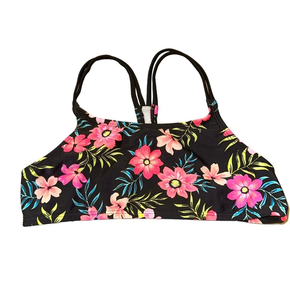 Art Class Girls Bikini Top Size L 10/12 NWOT Black Floral‎ Strappy Back Swim